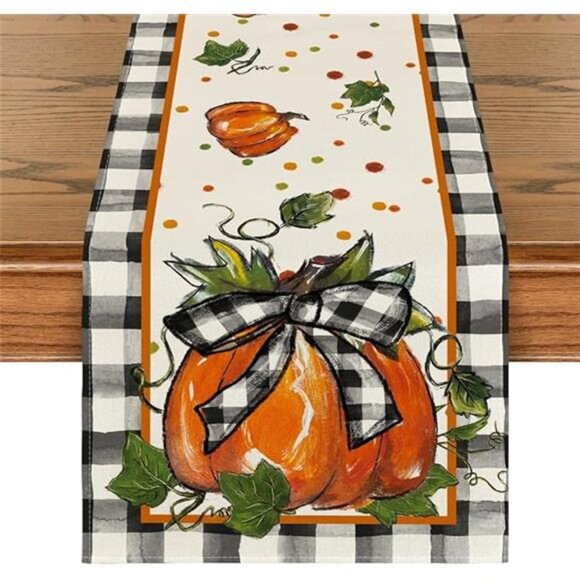 Pumpkin Table Runner Buffalo Plaid Fall Decor Autumn Kitchen Dining Home Party - Picture 7 of 7